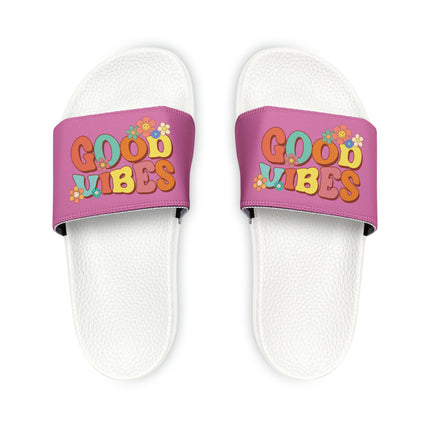 Kids Beach Sandals | Youth Flip Flops | Childrens Slide Sandals | Retro Sandals | Good Vibes Pink Shoes