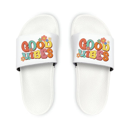 Kids Beach Sandals | Youth Flip Flops | Childrens Slide Sandals | Retro Sandals | Good Vibes White Shoes