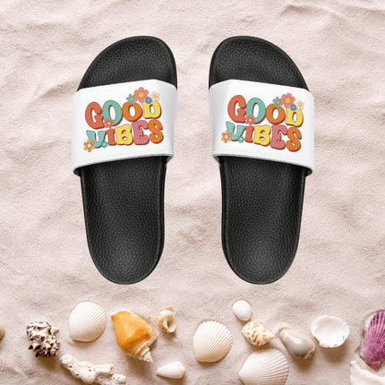 Kids Beach Sandals | Youth Flip Flops | Childrens Slide Sandals | Retro Sandals | Good Vibes White Shoes