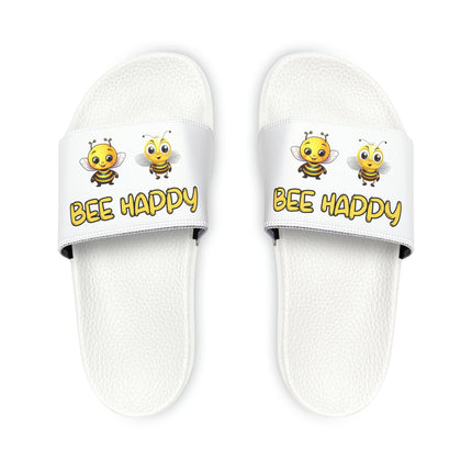 Kids Beach Sandals | Youth Flip Flops | Childrens Slide Sandals | Bee Happy White Sandals