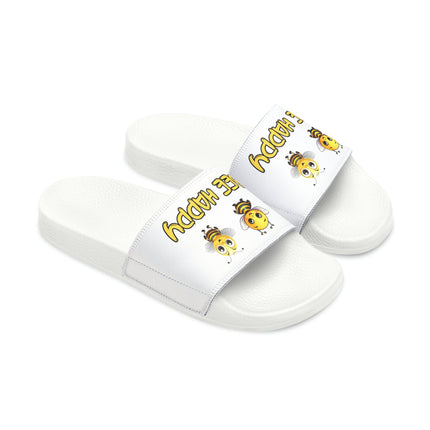 Kids Beach Sandals | Youth Flip Flops | Childrens Slide Sandals | Bee Happy White Sandals