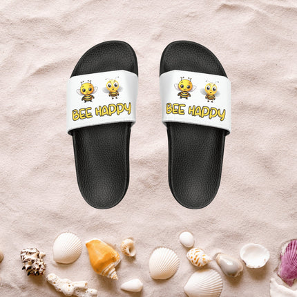 Kids Beach Sandals | Youth Flip Flops | Childrens Slide Sandals | Bee Happy White Sandals