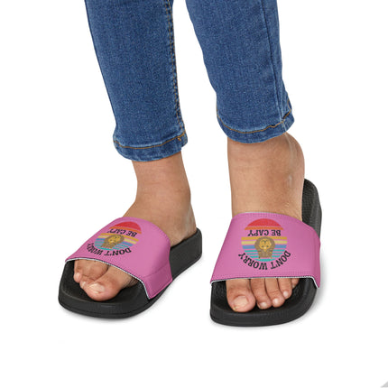 Kids Beach Sandals | Capybara Sandals | Youth Flip Flops | Childrens Slide Sandals | Retro Sandals | Don't Worry Be Capy Pink Shoes