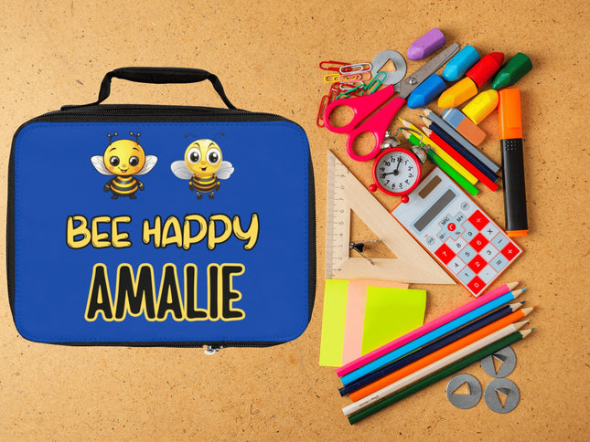 Bee Happy Lunch Bag | Personalized Kids Lunch Box | Dark Blue School Lunch Bag | Insulated Lunch bag