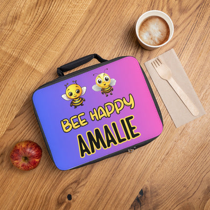 Bee Happy Lunch Bag | Personalized Kids Lunch Box | Pink and Blue School Lunch Bag | Insulated Lunch Bag