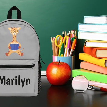 Kids Giraffe School Backpack | Personalized School Bag | Gray Book Bag