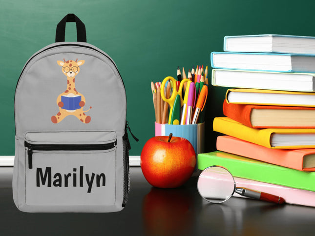 Kids Giraffe School Backpack | Personalized School Bag | Gray Book Bag