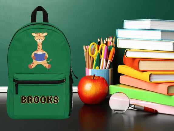 Kids Giraffe School Backpack | Personalized School Bag | Green Book Bag
