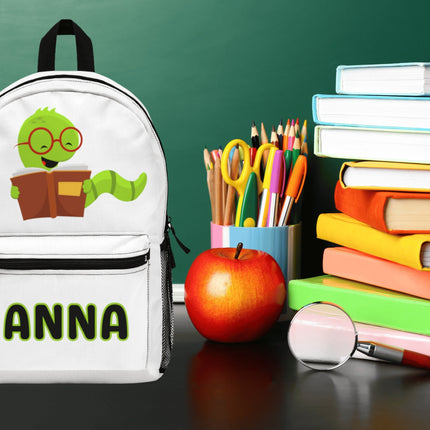 Kids Bookworm School Backpack | Personalized School Bag | White Book Bag