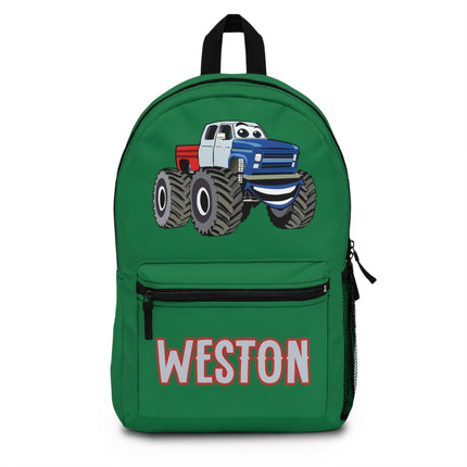 Kids Monster Truck School Backpack | Personalized School Bag | Green Book Bag