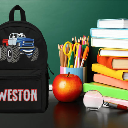 Kids Monster Truck School Backpack | Personalized School Bag | Black Book Bag