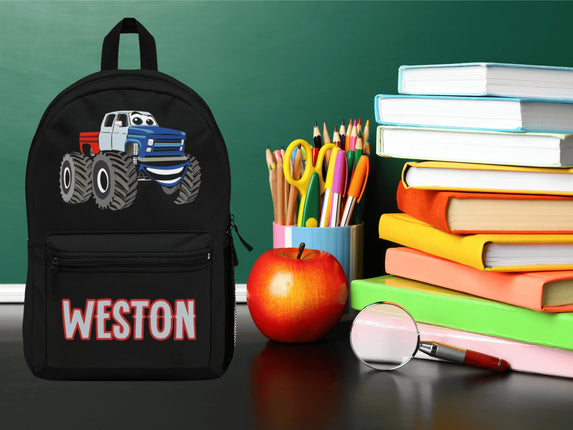 Kids Monster Truck School Backpack | Personalized School Bag | Black Book Bag