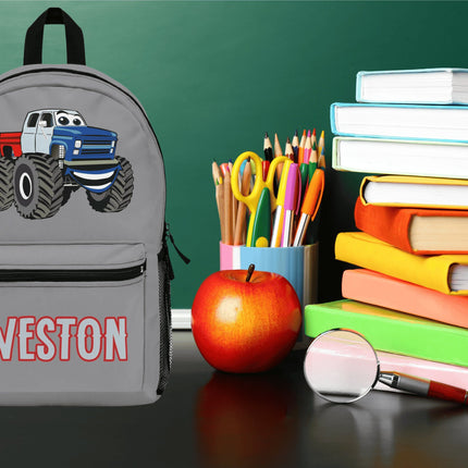 Kids Monster Truck School Backpack | Personalized School Bag | Gray Book Bag