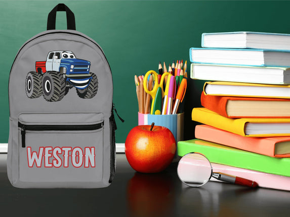 Kids Monster Truck School Backpack | Personalized School Bag | Gray Book Bag