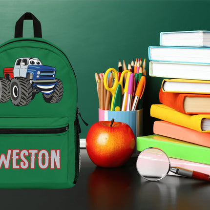 Kids Monster Truck School Backpack | Personalized School Bag | Green Book Bag