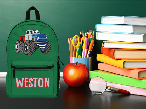Kids Monster Truck School Backpack | Personalized School Bag | Green Book Bag