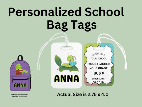 Kids School Backpack Tag | Bookworm Schoolbag Label | Back to School Personalized Label | Personalized Kids Backpack