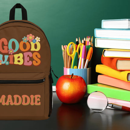 Kids Good Vibes School Backpack | Personalized School Bag | Brown Book Bag