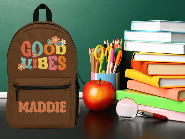 Kids Good Vibes School Backpack | Personalized School Bag | Brown Book Bag