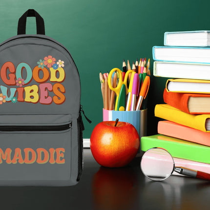 Kids Good Vibes School Backpack | Personalized School Bag | Dark Gray Book Bag