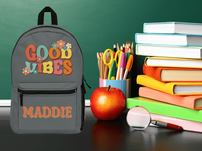 Kids Good Vibes School Backpack | Personalized School Bag | Dark Gray Book Bag