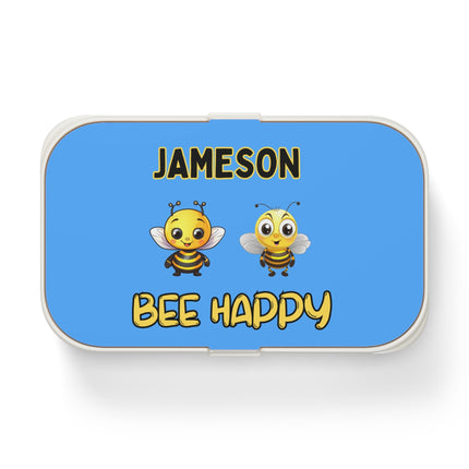 Personalized Bento Box | Bee Happy Bento Lunch Box | Kids School Snack Container | Custom Lunch Box | Light Blue Child Snack Box