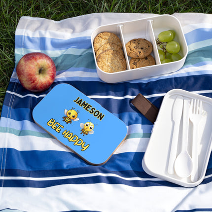 Personalized Bento Box | Bee Happy Bento Lunch Box | Kids School Snack Container | Custom Lunch Box | Light Blue Child Snack Box
