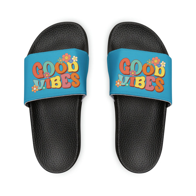 Kids Beach Sandals | Youth Flip Flops | Childrens Slide Sandals | Retro Sandals | Good Vibes Turquoise Shoes