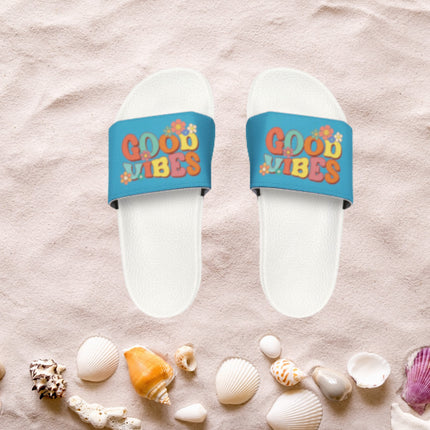 Kids Beach Sandals | Youth Flip Flops | Childrens Slide Sandals | Retro Sandals | Good Vibes Turquoise Shoes