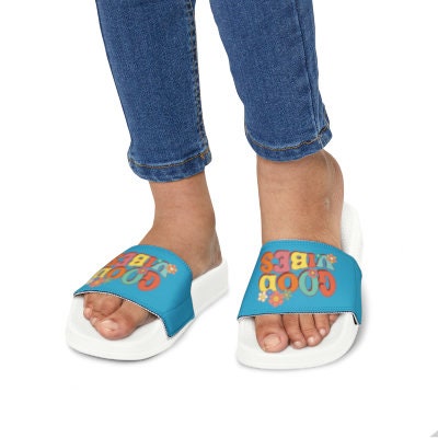 Kids Beach Sandals | Youth Flip Flops | Childrens Slide Sandals | Retro Sandals | Good Vibes Turquoise Shoes