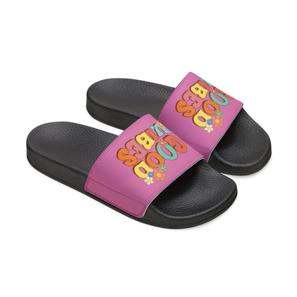 Kids Beach Sandals | Youth Flip Flops | Childrens Slide Sandals | Retro Sandals | Good Vibes Pink Shoes