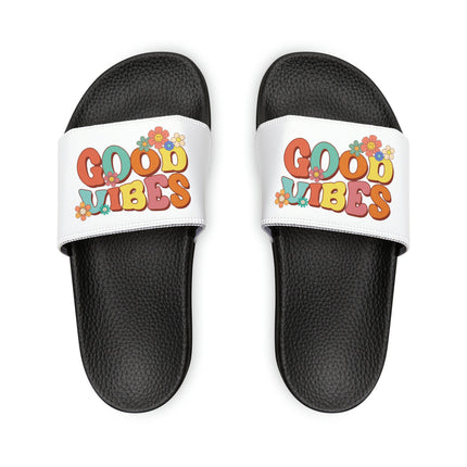 Kids Beach Sandals | Youth Flip Flops | Childrens Slide Sandals | Retro Sandals | Good Vibes White Shoes