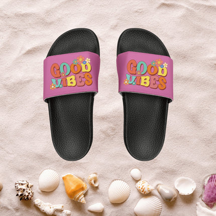 Kids Beach Sandals | Youth Flip Flops | Childrens Slide Sandals | Retro Sandals | Good Vibes Pink Shoes