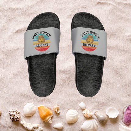 Kids Beach Sandals | Capybara Sandals | Youth Flip Flops | Childrens Slide Sandals | Retro Sandals | Don't Worry Be Capy Gray Shoes