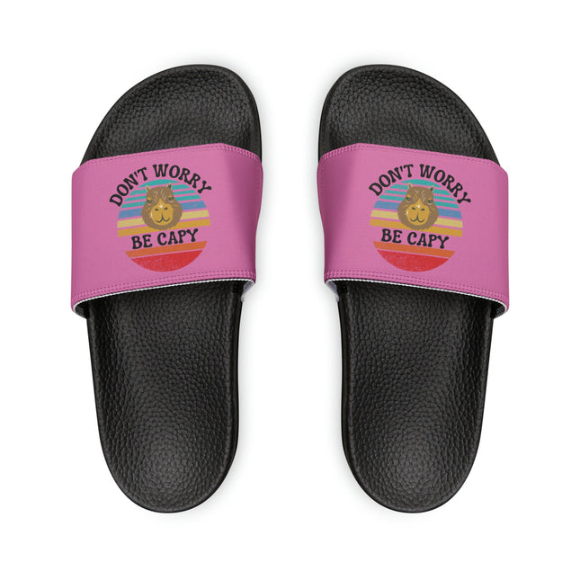 Kids Beach Sandals | Capybara Sandals | Youth Flip Flops | Childrens Slide Sandals | Retro Sandals | Don't Worry Be Capy Pink Shoes