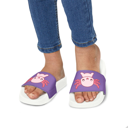 Kids Beach Sandals | Pink Axolotl Sandals | Youth Flip Flops | Childrens Slide Sandals | Purple Animal Sandals