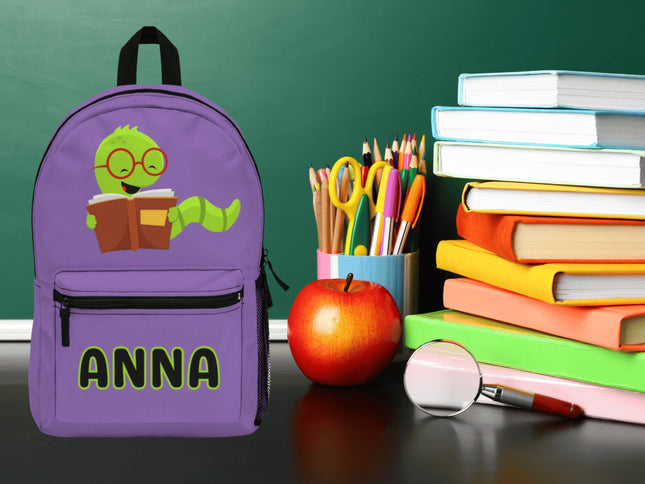 Kids Bookworm School Backpack | Personalized School Bag | Back to School | Purple Book Bag
