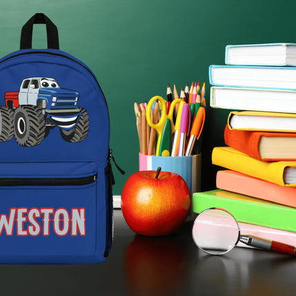 Kids Monster Truck School Backpack | Personalized School Bag | Dark Blue Book Bag
