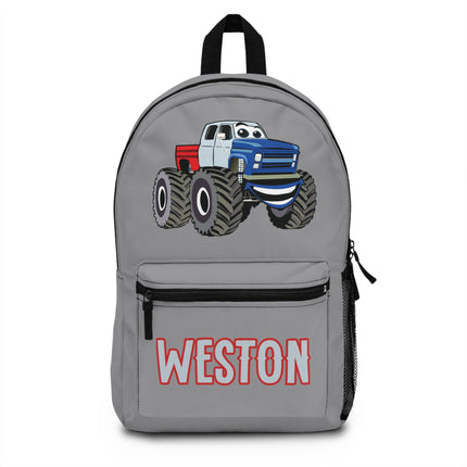 Kids Monster Truck School Backpack | Personalized School Bag | Gray Book Bag