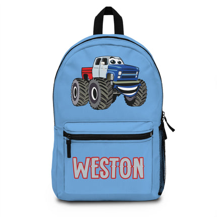 Kids Monster Truck School Backpack | Personalized School Bag | Light Blue Book Bag