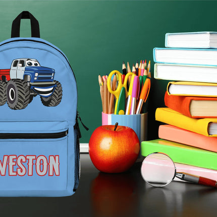 Kids Monster Truck School Backpack | Personalized School Bag | Light Blue Book Bag