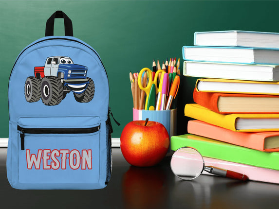 Kids Monster Truck School Backpack | Personalized School Bag | Light Blue Book Bag