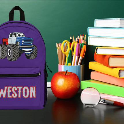 Kids Monster Truck School Backpack | Personalized School Bag | Purple Book Bag