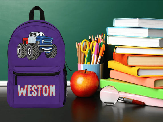 Kids Monster Truck School Backpack | Personalized School Bag | Purple Book Bag