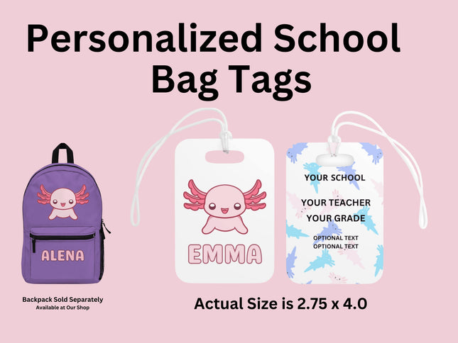Kids School Backpack Tag | Pink Axolotl Schoolbag Label | Back to School Personalized Label | Personalized Kids Backpack