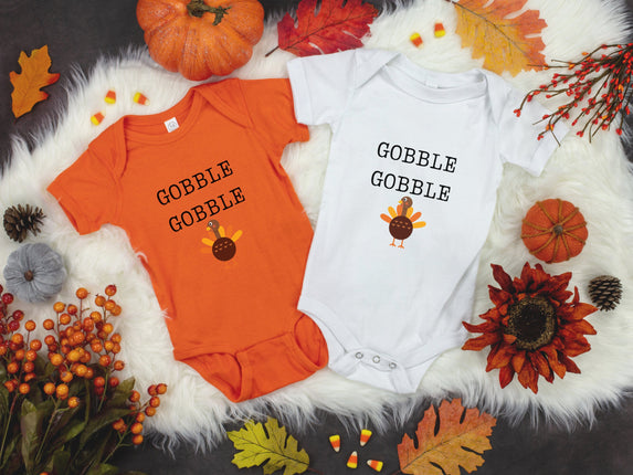 Turkey Thanksgiving Baby Bodysuit: "Gobble Gobble" Infant Outfit