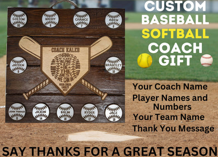 Custom baseball and softball coach gift. Wood plaque features personalized engraved balls and home plate area. Makes the perfect end of season award.