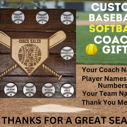 Custom baseball and softball coach gift. Wood plaque features personalized engraved balls and home plate area. Makes the perfect end of season award.