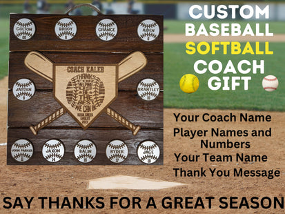 Custom baseball and softball coach gift. Wood plaque features personalized engraved balls and home plate area. Makes the perfect end of season award.