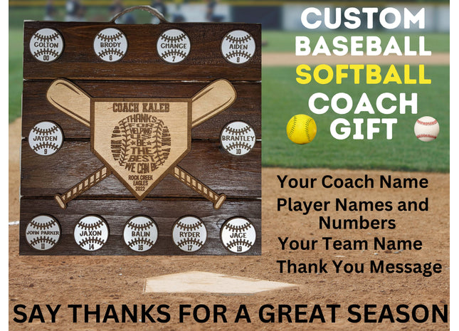 Custom baseball and softball coach gift. Wood plaque features personalized engraved balls and home plate area. Makes the perfect end of season award.